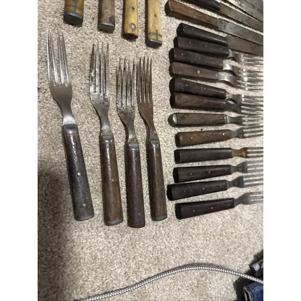 Antique 28 Forks Knives Civil War‎ 1800s Wood Bone Handles Primitive Reenactment